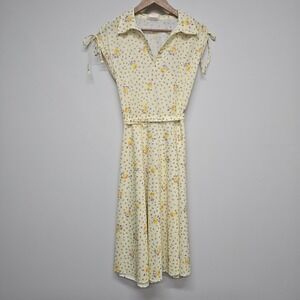 Sears Place De La Mode Vintage Floral Midi Dress Womens 16 Yellow Cottagecore